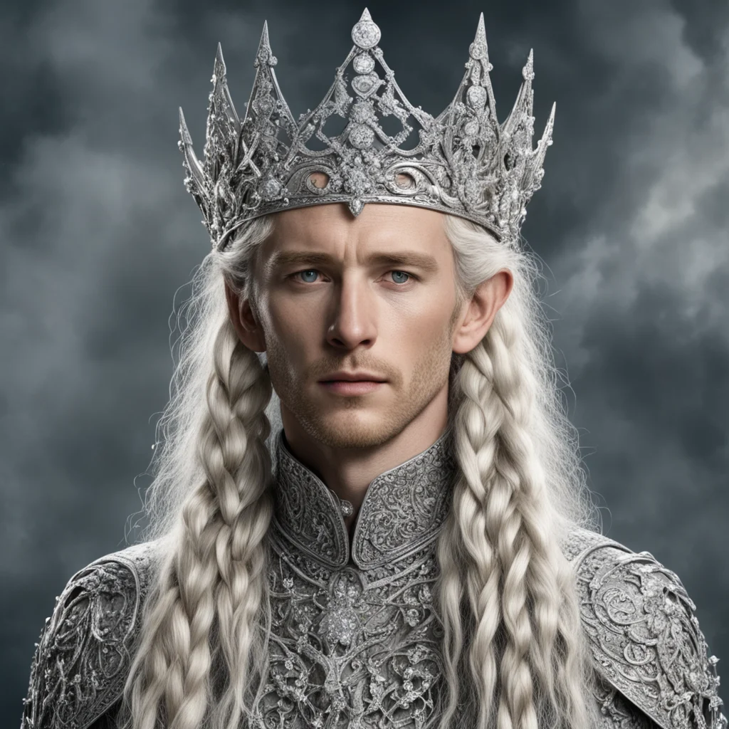 tolkien king amdir with blond hair and braids wearing silver vines encrusted with diamonds and clusters of diamonds forming a silver serpentine elvish coronet with large center diamond amazing aweso