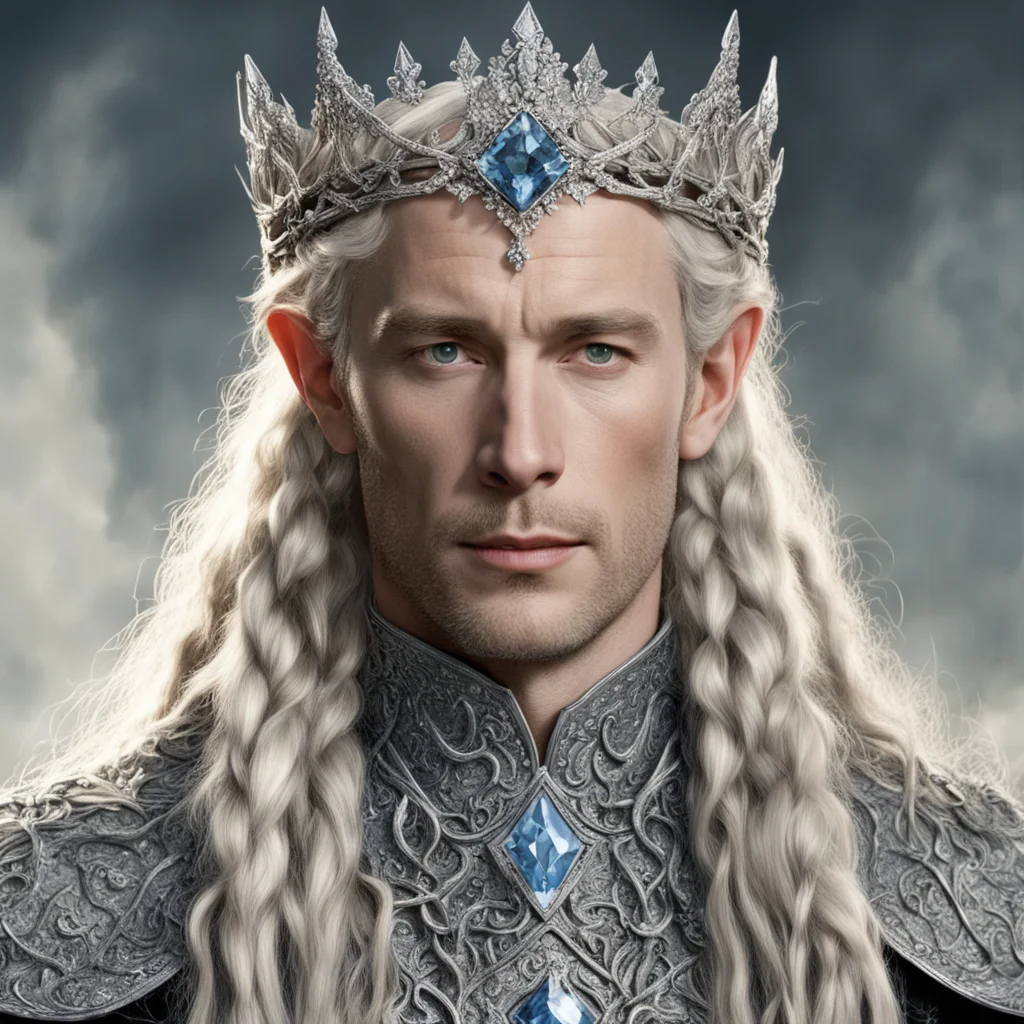 aitolkien king amdir with blond hair and braids wearing silver vines encrusted with diamonds and clusters of diamonds forming a silver serpentine elvish coronet with large center diamond