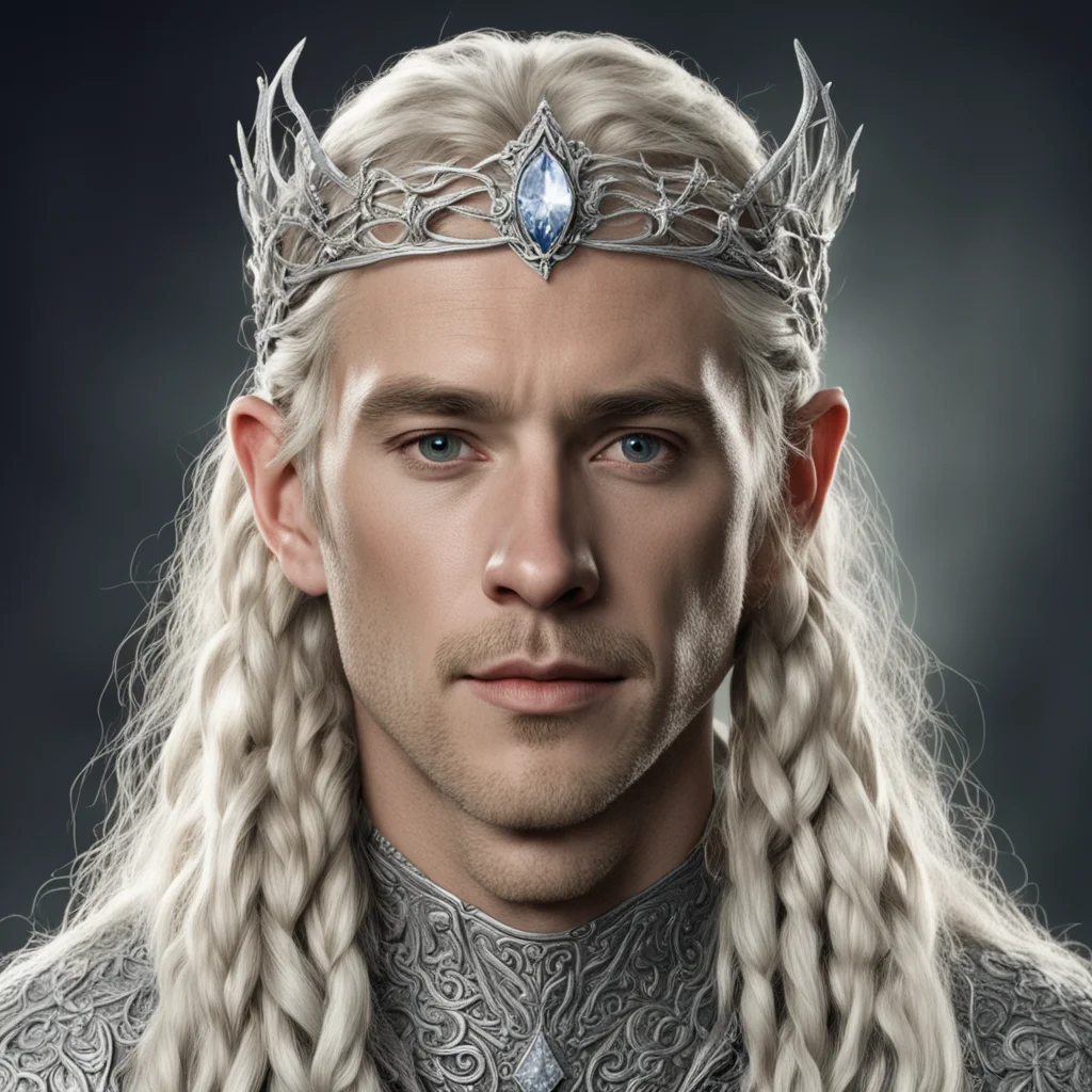 aitolkien king amdir with blond hair and braids wearing silver vines encrusted with diamonds forming a silver elvish circlet with large center diamond  amazing awesome portrait 2