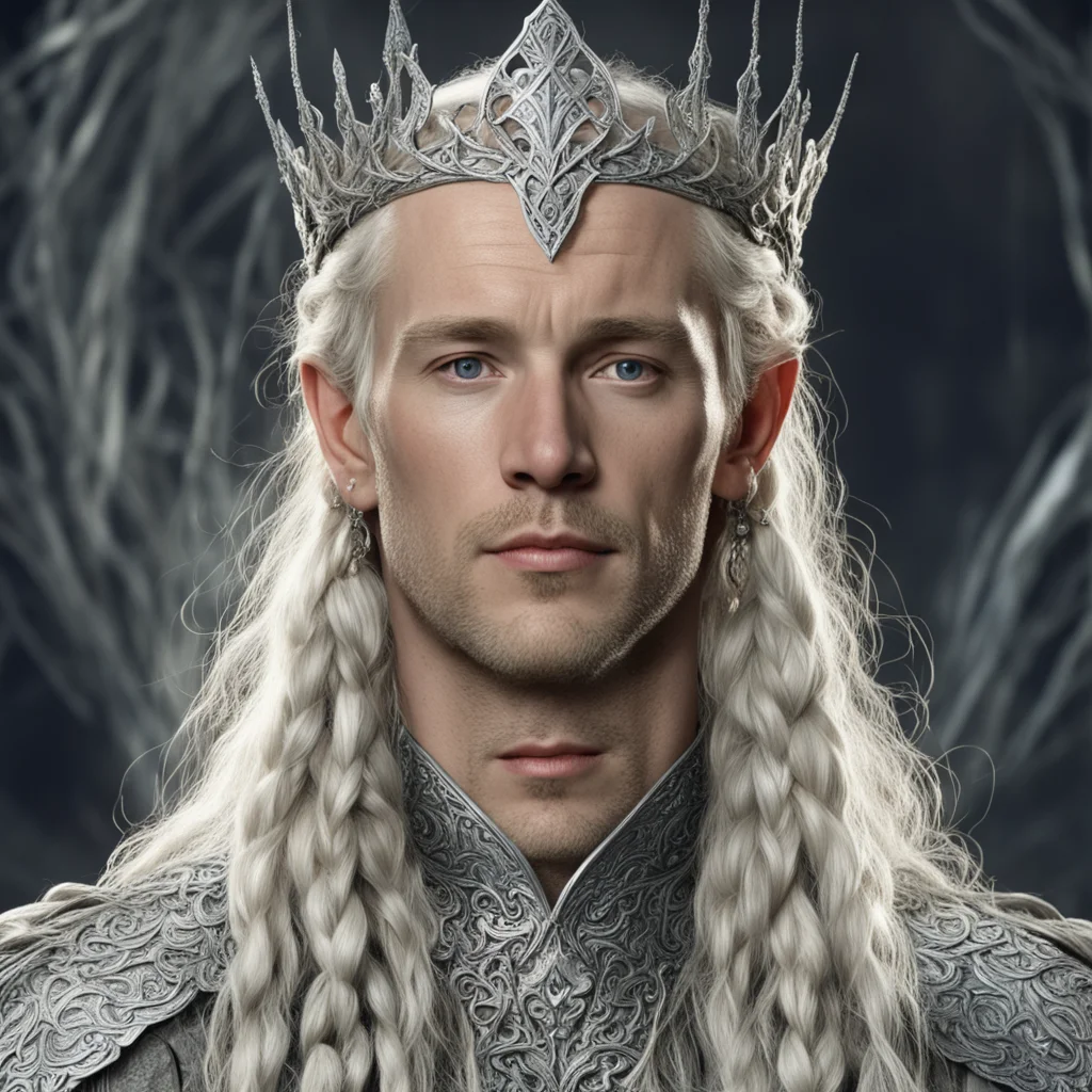 aitolkien king amdir with blond hair and braids wearing silver vines encrusted with diamonds forming a silver elvish circlet with large center diamond  good looking trending fantastic 1