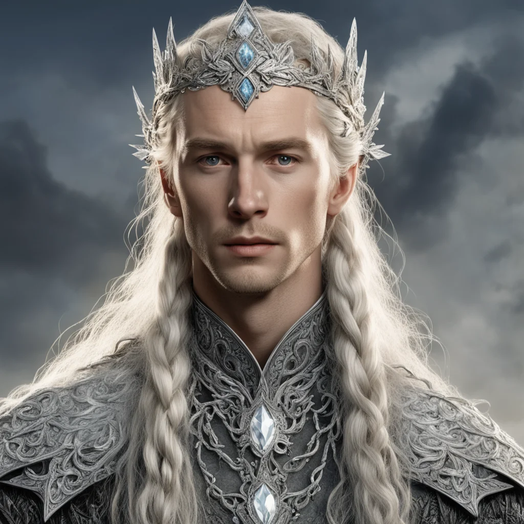 aitolkien king amdir with blond hair and braids wearing silver vines encrusted with diamonds forming a silver elvish circlet with large center diamond 
