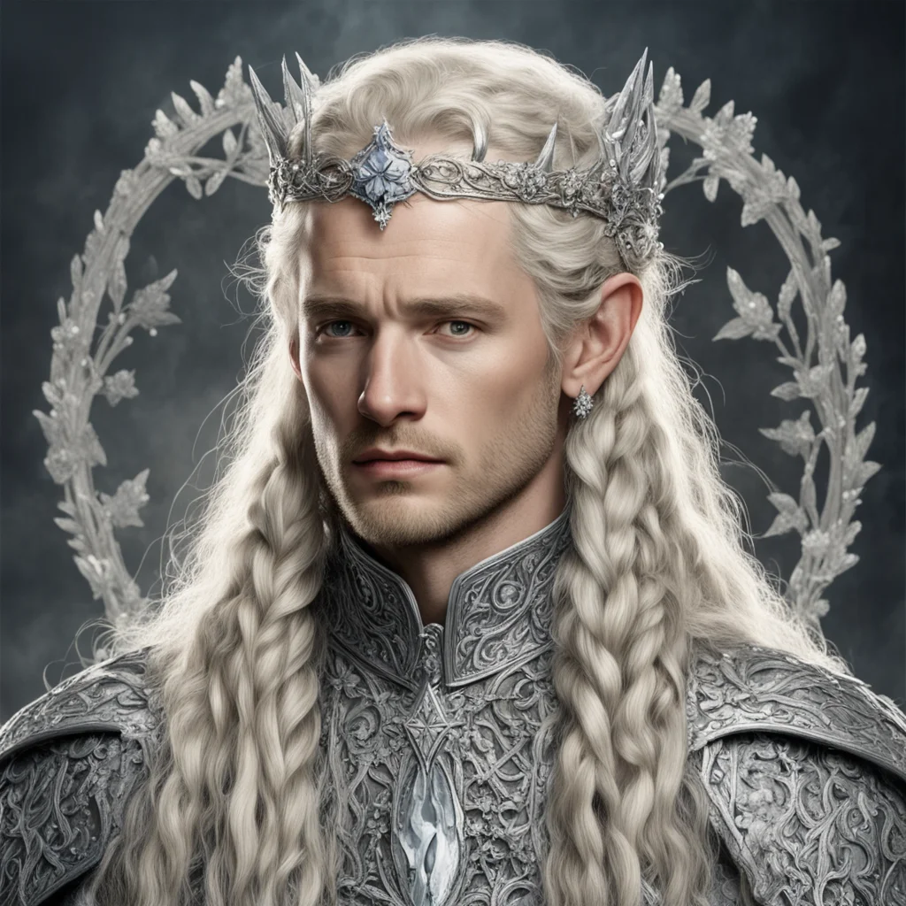 tolkien king amdir with blond hair and braids wearing silver vines encrusted with diamonds with silver flowers encrusted with diamonds forming a silver elvish circlet with large center diamond amazi