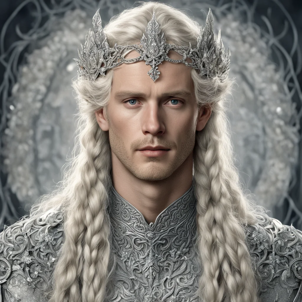 tolkien king amdir with blond hair and braids wearing silver vines encrusted with diamonds with silver flowers encrusted with diamonds forming a silver elvish circlet with large center diamond confi