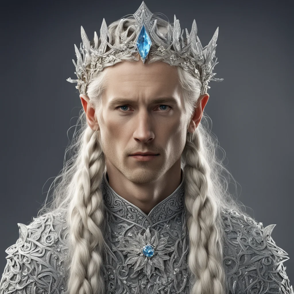 tolkien king amdir with blond hair and braids wearing silver vines encrusted with diamonds with silver flowers encrusted with diamonds forming a silver elvish circlet with large center diamond good 