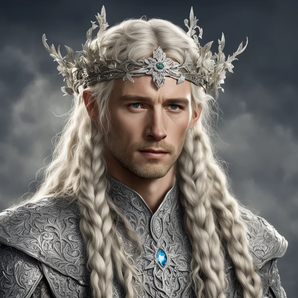 aitolkien king amdir with blond hair and braids wearing silver vines encrusted with diamonds with silver flowers encrusted with diamonds forming a silver elvish circlet with large center diamond