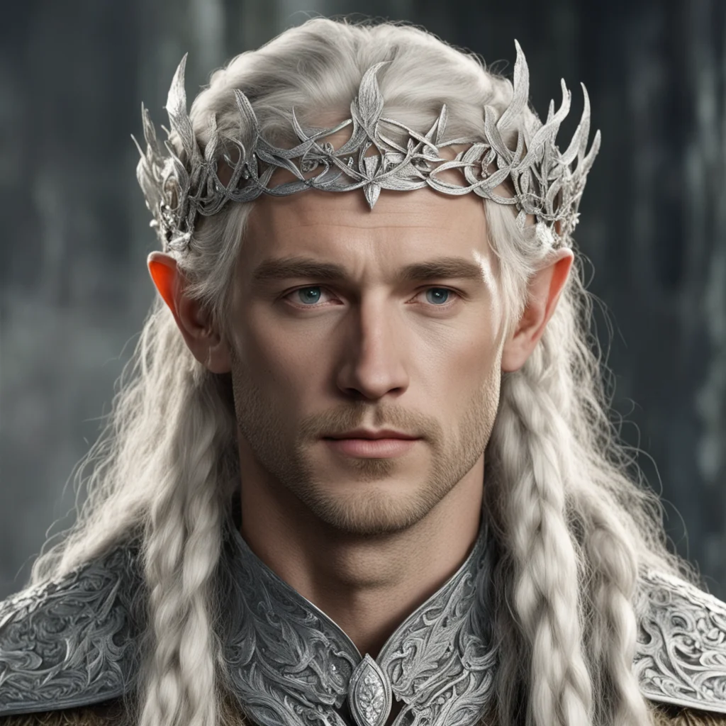 tolkien king amdir with blond hair and braids wearing silver vines will small silver leaves encrusted with diamonds to make a small silver elvish circlet with large center diamond amazing awesome po