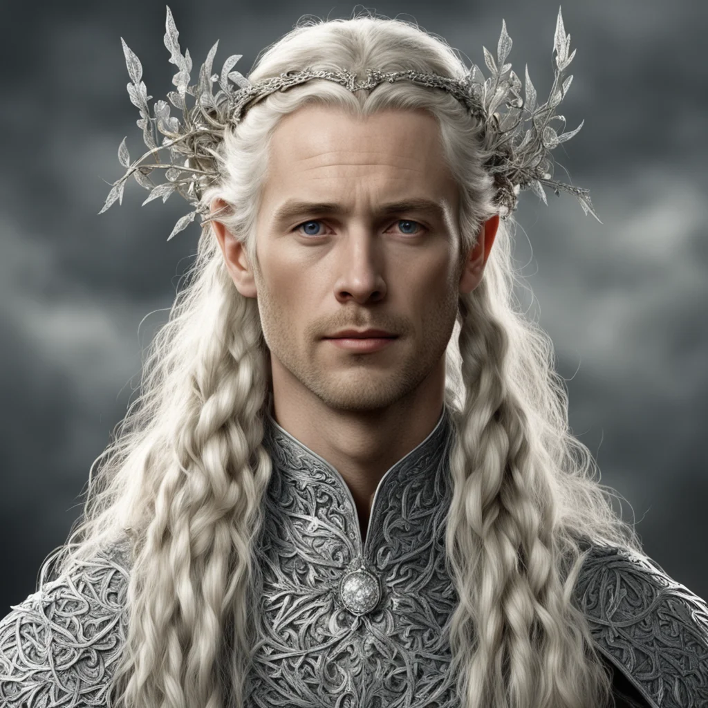aitolkien king amdir with blond hair and braids wearing silver vines will small silver leaves encrusted with diamonds to make a small silver elvish circlet with large center diamond
