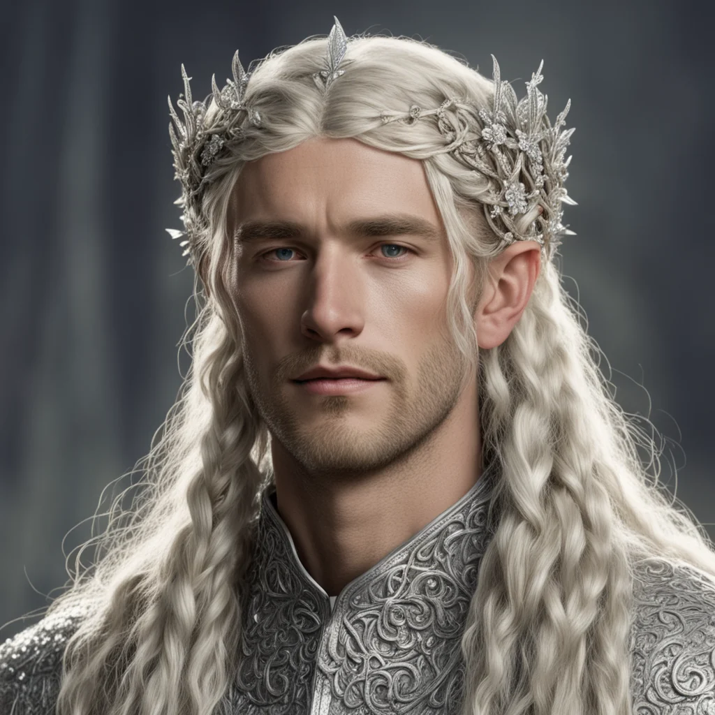 tolkien king amdir with blond hair and braids wearing small silver flowers encrusted with diamonds intertwined to form a silver sindarin elvish circlet with large center diamond confident engaging w