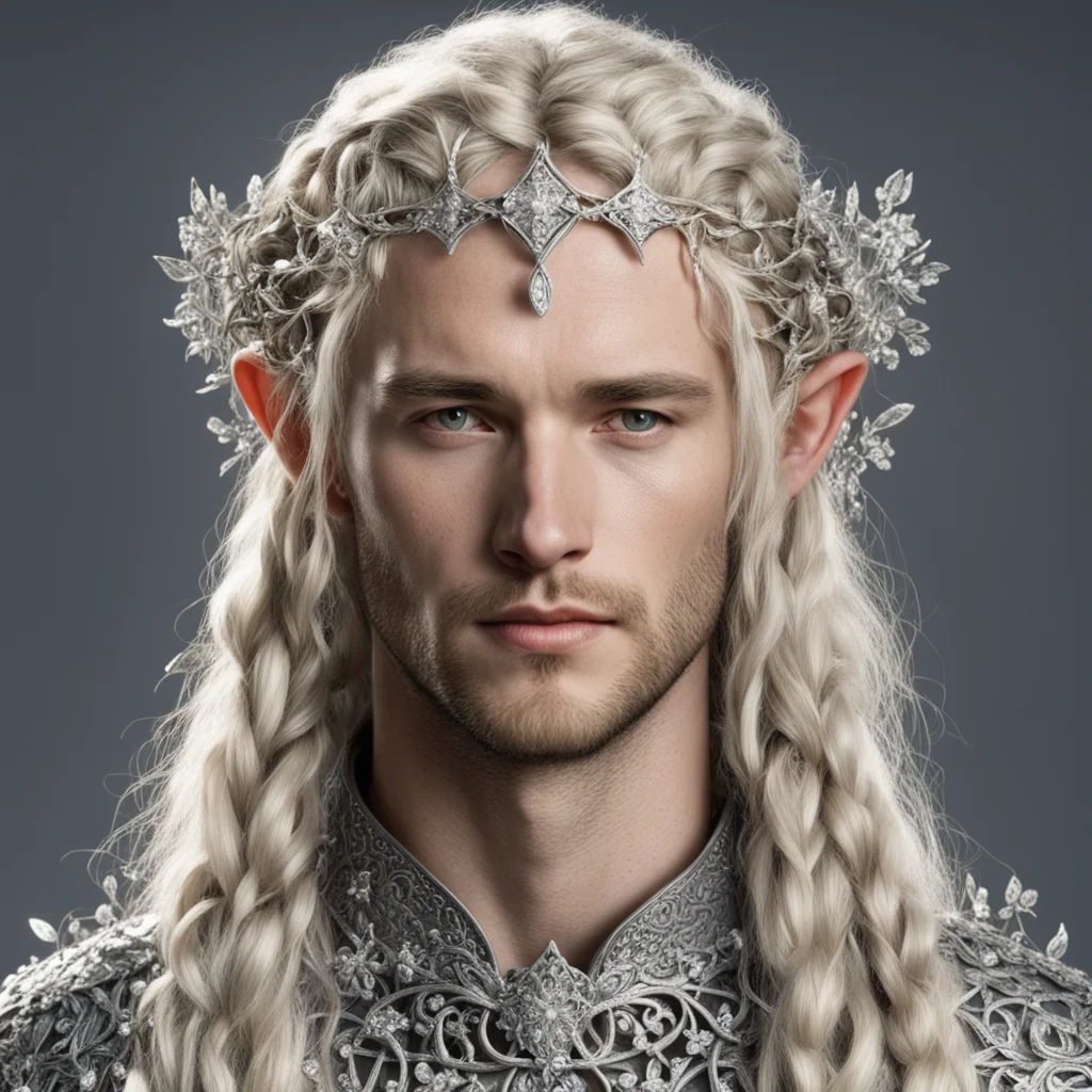 tolkien king amdir with blond hair and braids wearing small silver flowers encrusted with diamonds intertwined to form a silver sindarin elvish circlet with large center diamond good looking trendin