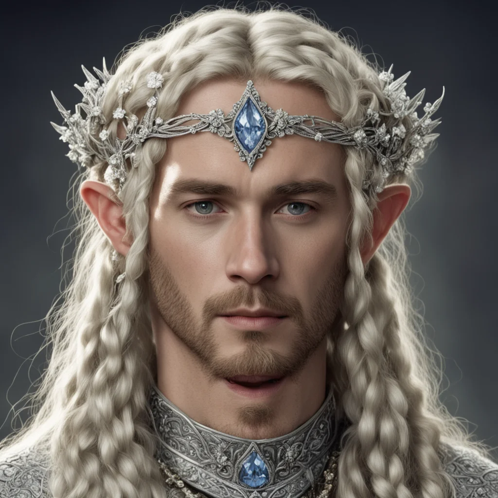 aitolkien king amdir with blond hair and braids wearing small silver flowers encrusted with diamonds intertwined to form a silver sindarin elvish circlet with large center diamond