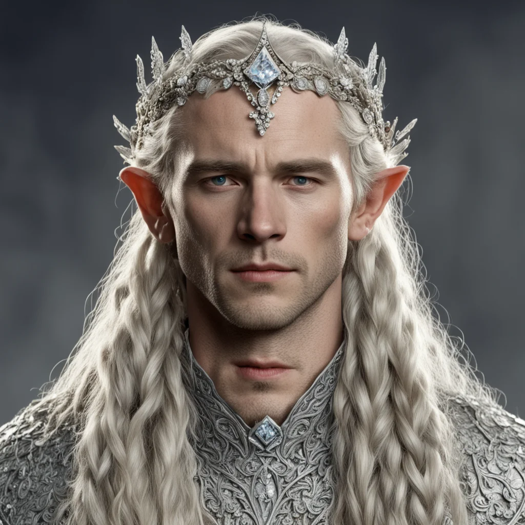 aitolkien king amdir with blond hair and braids wearing small silver flowers encrusted with diamonds to form small silver elvish circlet with large center diamond  amazing awesome portrait 2