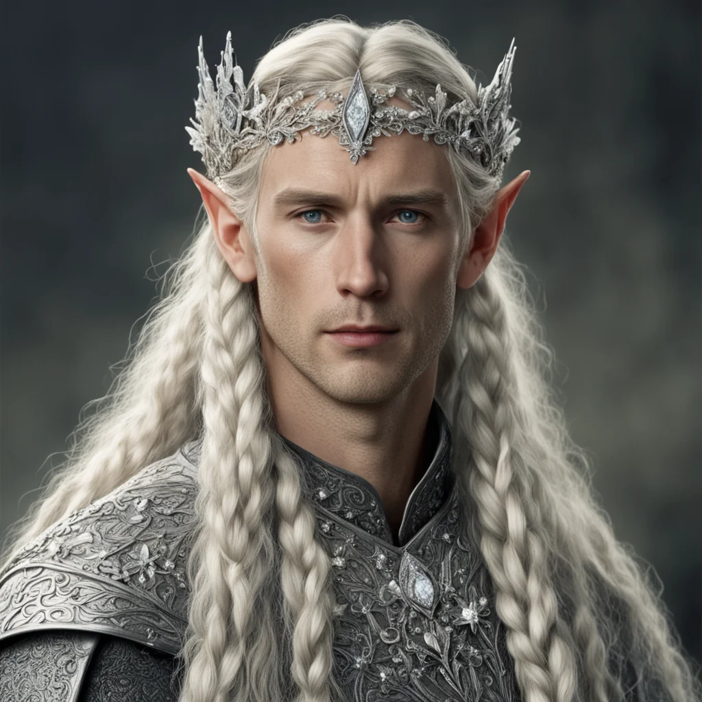 tolkien king amdir with blond hair and braids wearing small silver flowers encrusted with diamonds to form small silver elvish circlet with large center diamond  confident engaging wow artstation ar