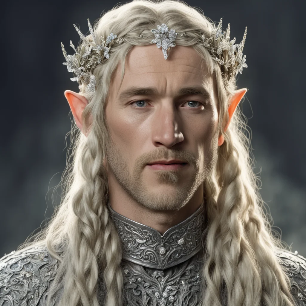 tolkien king amdir with blond hair and braids wearing small silver flowers encrusted with diamonds to form small silver elvish circlet with large center diamond  good looking trending fantastic 1.we
