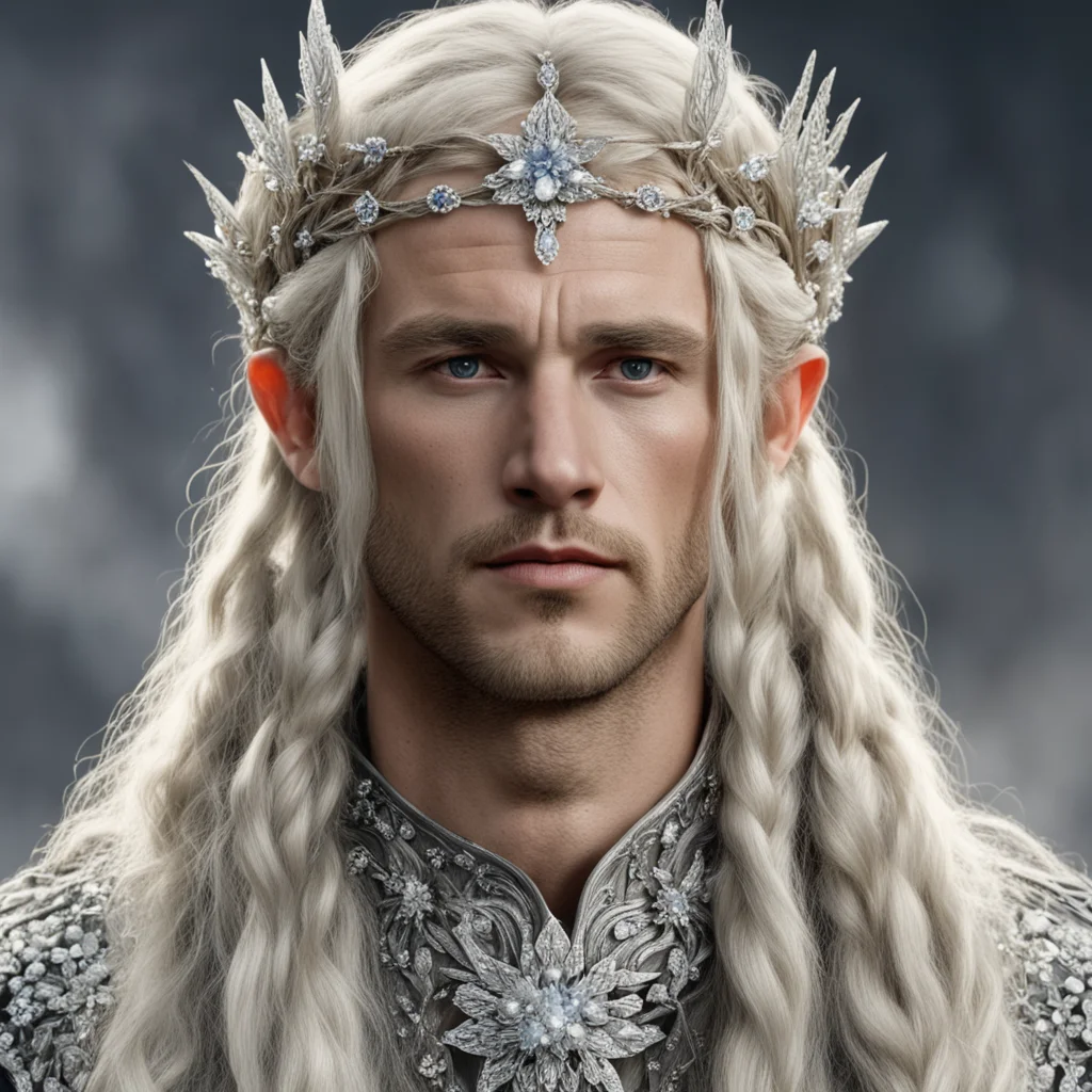 tolkien king amdir with blond hair and braids wearing small silver flowers encrusted with diamonds to form small silver elvish circlet with large center diamond 
