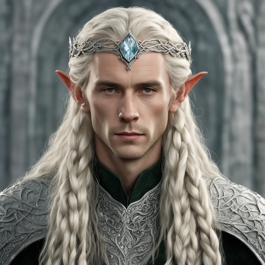 aitolkien king amdir with blond hair and braids wearing small silver serpentine elvish circlet with large center diamond good looking trending fantastic 1