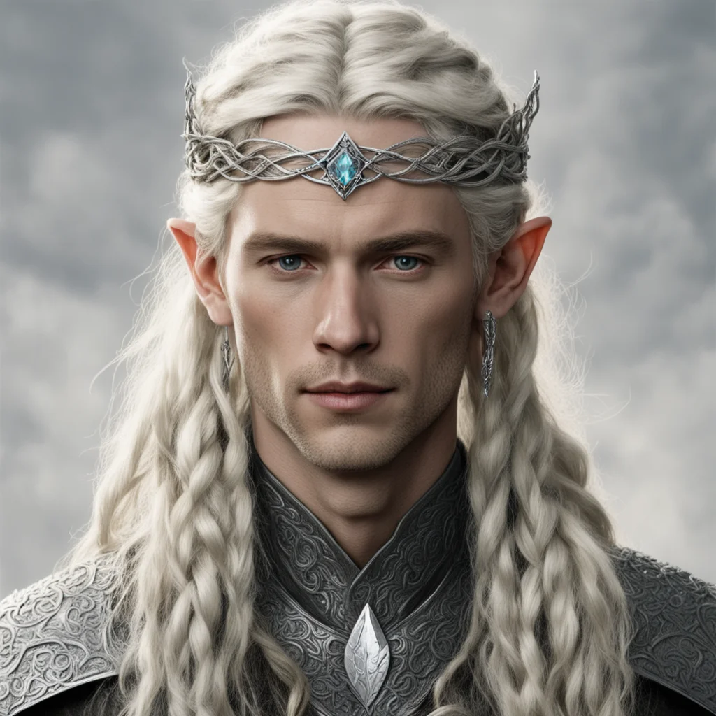 aitolkien king amdir with blond hair and braids wearing small silver serpentine elvish circlet with large center diamond