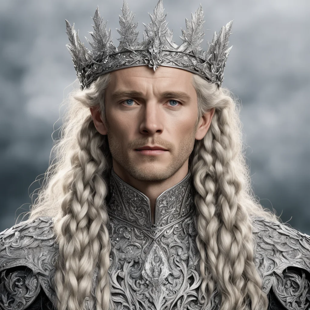 tolkien king amdir with blond hair and braids with silver oak leaves encrusted with diamonds with diamond clusters to form a silver elvish coronet with large center diamond  amazing awesome portrait
