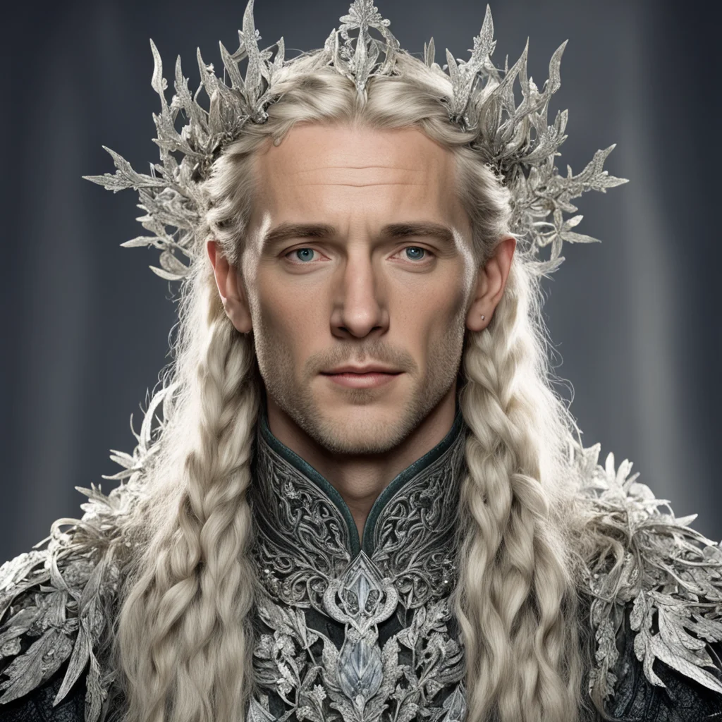 aitolkien king amdir with blond hair and braids with silver oak leaves encrusted with diamonds with diamond clusters to form a silver elvish coronet with large center diamond 