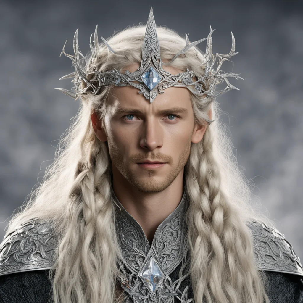 aitolkien king amdir with blond hair and braids with silver twigs encrusted with diamonds to form a silver sindarin elvish circlet with large center diamond  amazing awesome portrait 2