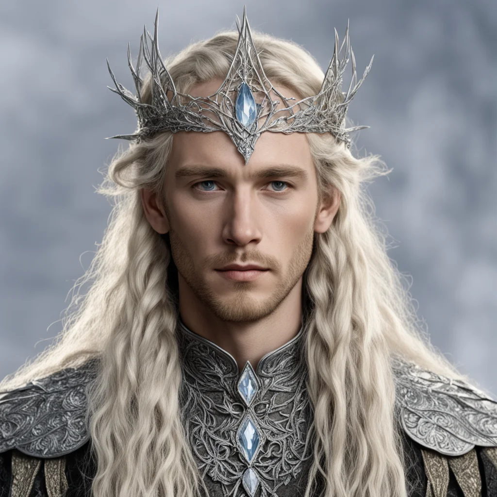 tolkien king amdir with blond hair and braids with silver twigs encrusted with diamonds to form a silver sindarin elvish circlet with large center diamond  confident engaging wow artstation art 3.we