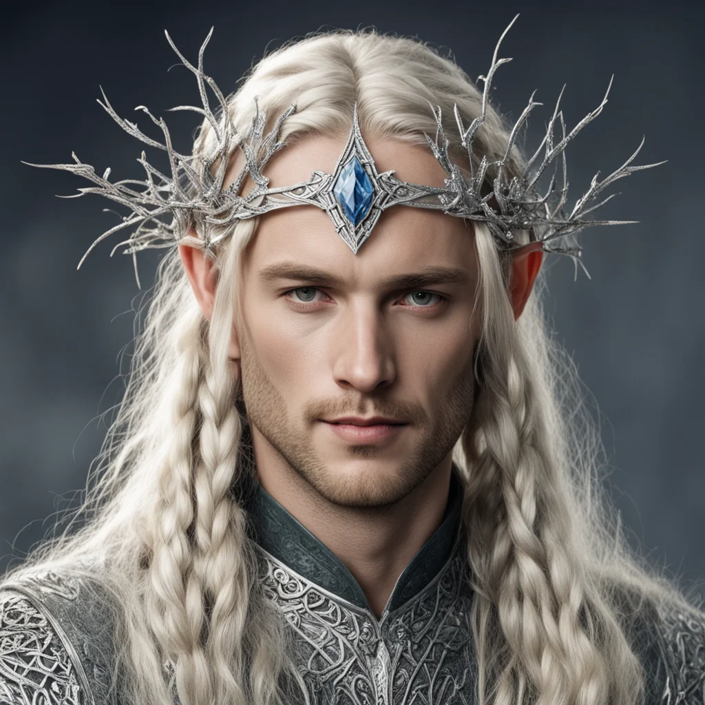 aitolkien king amdir with blond hair and braids with silver twigs encrusted with diamonds to form a silver sindarin elvish circlet with large center diamond 
