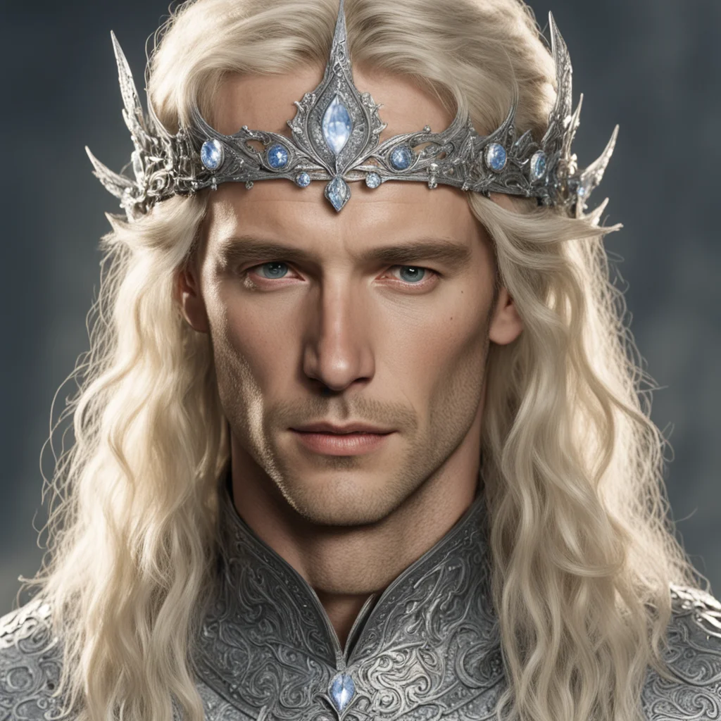 aitolkien king amdir with blond hair wearing silver sindarin elvish circlet encrusted with diamonds good looking trending fantastic 1