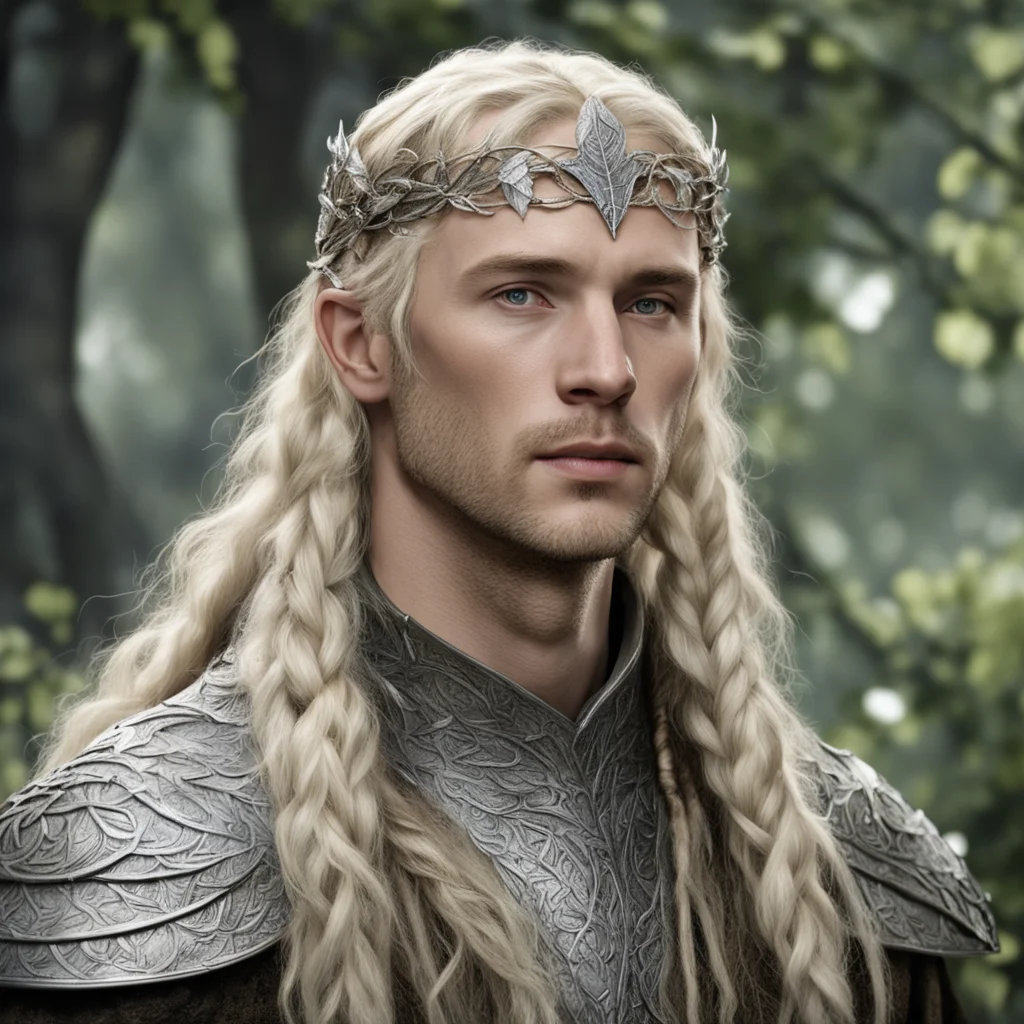 aitolkien king amdir with blond hair with braids wearing silver beech leaf elvish circlet with diamonds confident engaging wow artstation art 3