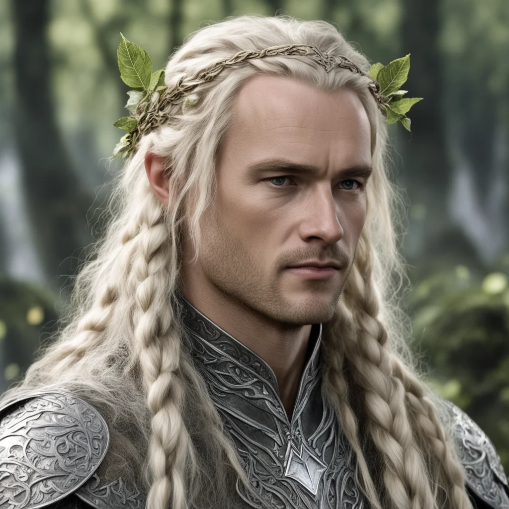 aitolkien king amdir with blond hair with braids wearing silver beech leaf elvish circlet with diamonds good looking trending fantastic 1