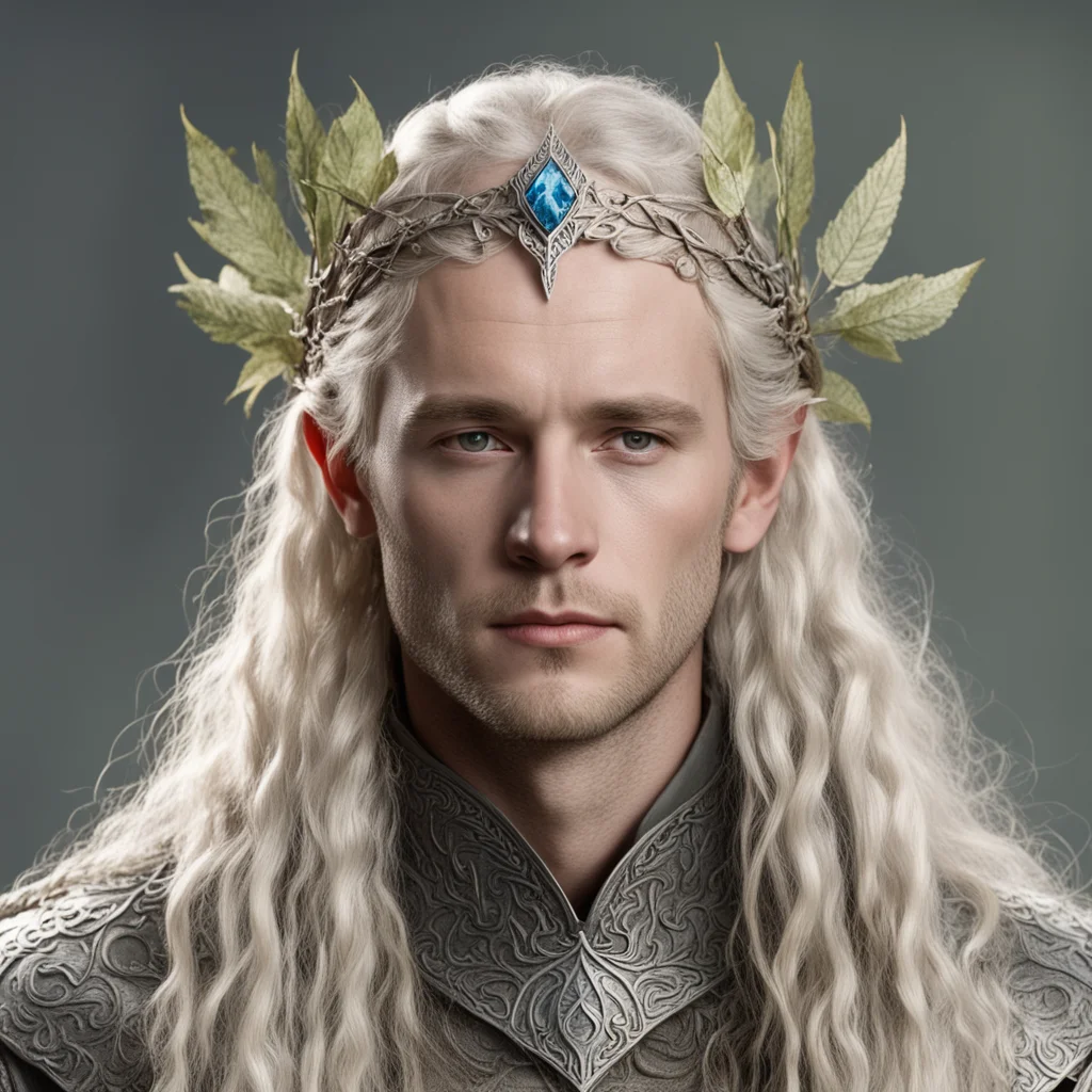 aitolkien king amdir with blond hair with braids wearing silver beech leaf elvish circlet with diamonds