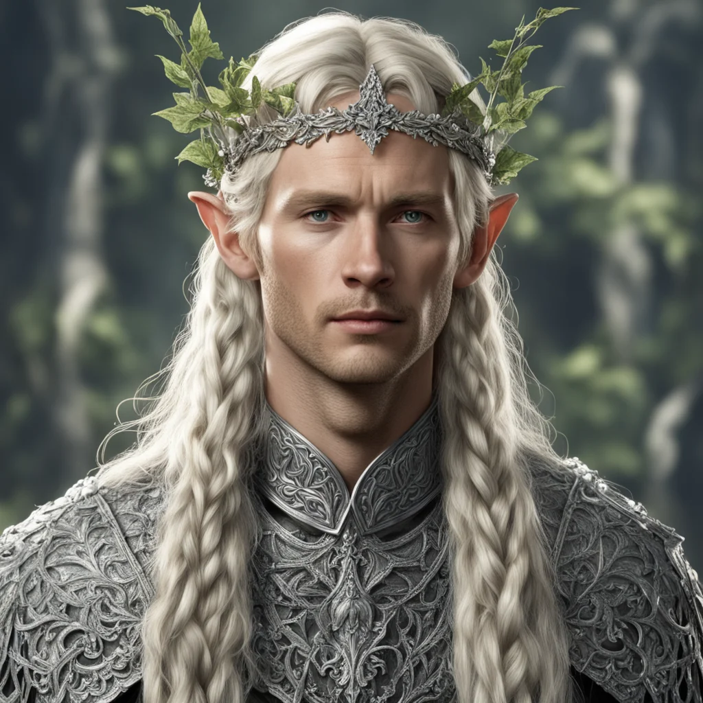 aitolkien king amdir with blond hair with braids wearing silver elven circlet composed of silver ivy leaves with diamonds