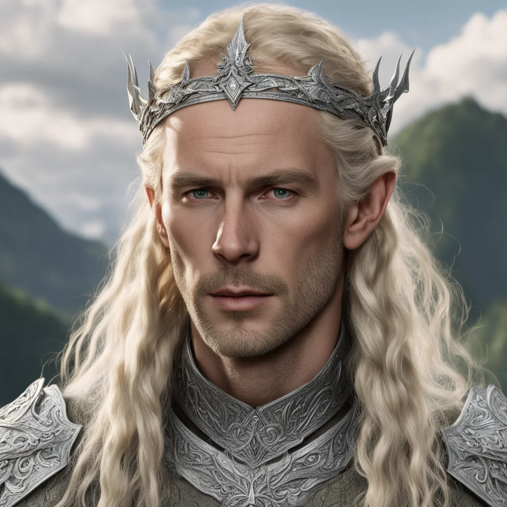 aitolkien king amdir with blond hair with braids wearing silver elven circlet with diamonds