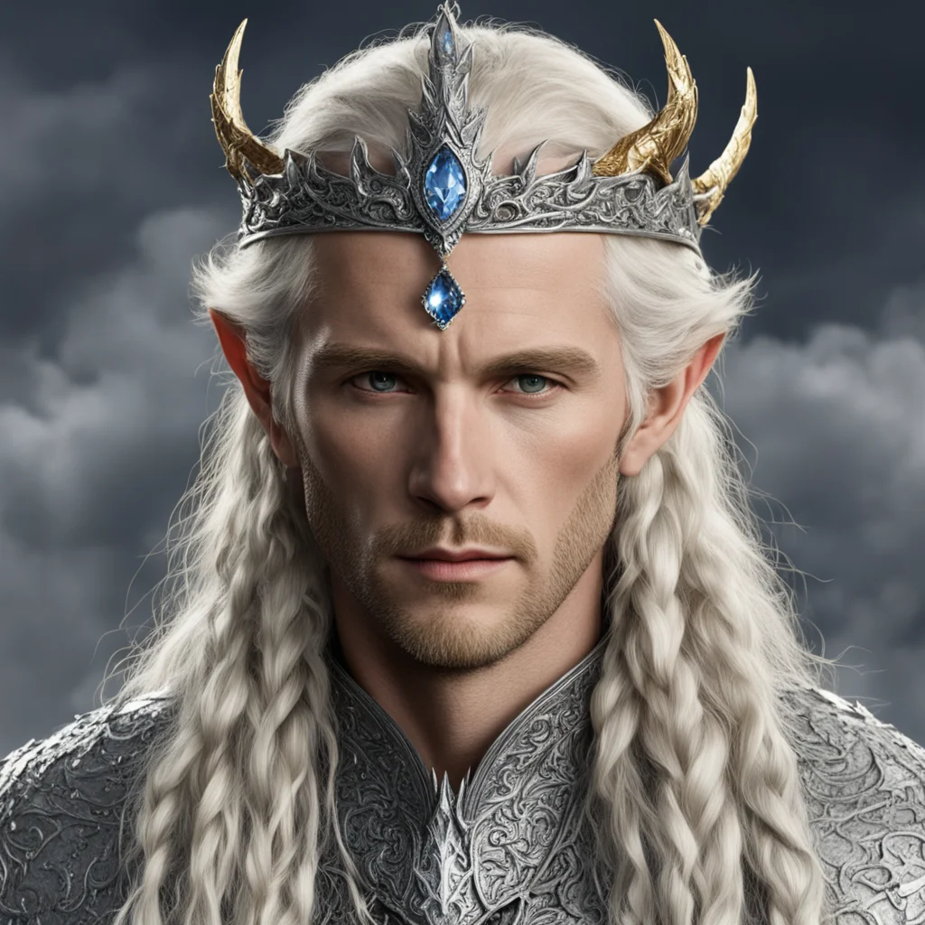 aitolkien king amdir with blond hair with braids wearing silver fiery dragon silver elvish circlet encrusted with diamonds with large center diamond amazing awesome portrait 2
