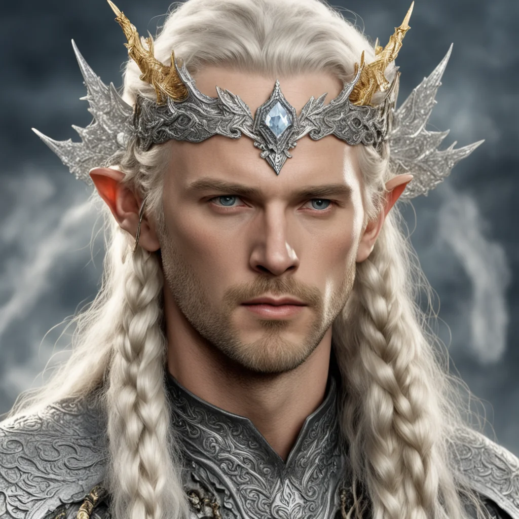 aitolkien king amdir with blond hair with braids wearing silver fiery dragon silver elvish circlet encrusted with diamonds with large center diamond good looking trending fantastic 1