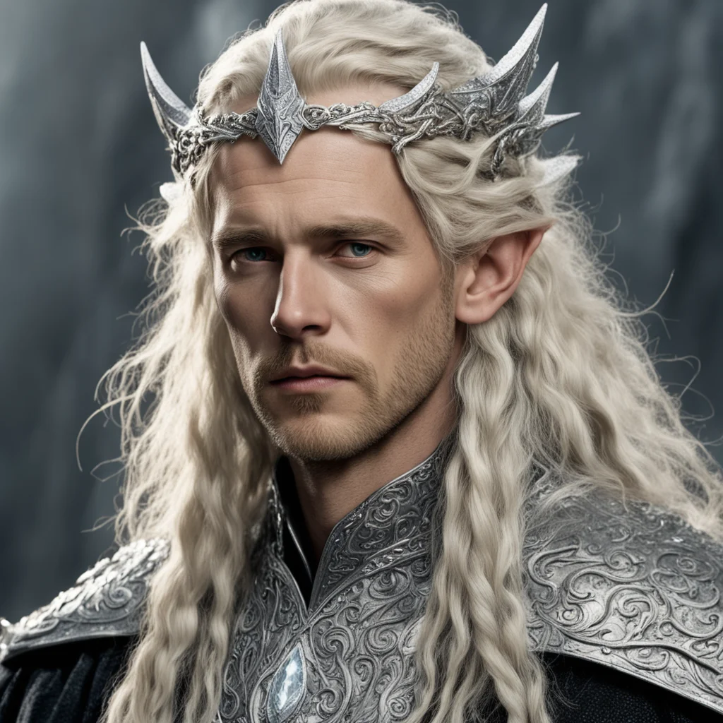aitolkien king amdir with blond hair with braids wearing silver fiery dragon silver elvish circlet encrusted with diamonds with large center diamond