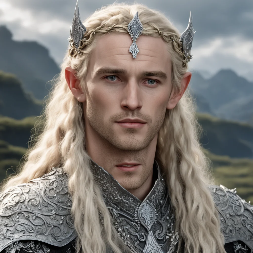 aitolkien king amdir with blond hair with braids wearing silver flower elvish circlet encrusted with diamonds confident engaging wow artstation art 3