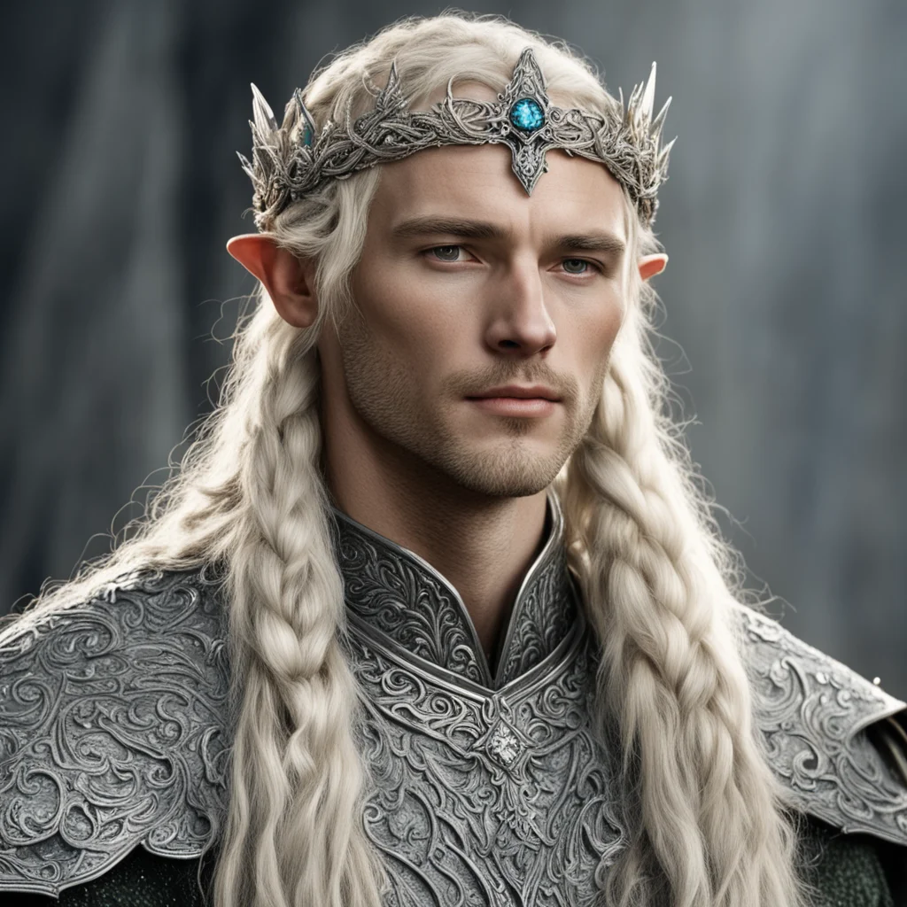 aitolkien king amdir with blond hair with braids wearing silver flower elvish circlet encrusted with diamonds good looking trending fantastic 1