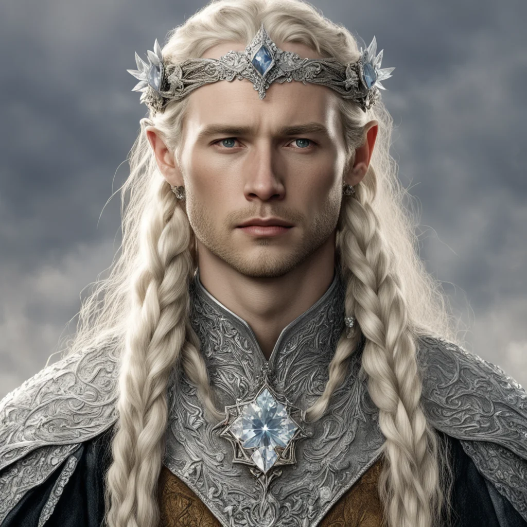 aitolkien king amdir with blond hair with braids wearing silver flower elvish circlet encrusted with diamonds with large center diamond  amazing awesome portrait 2