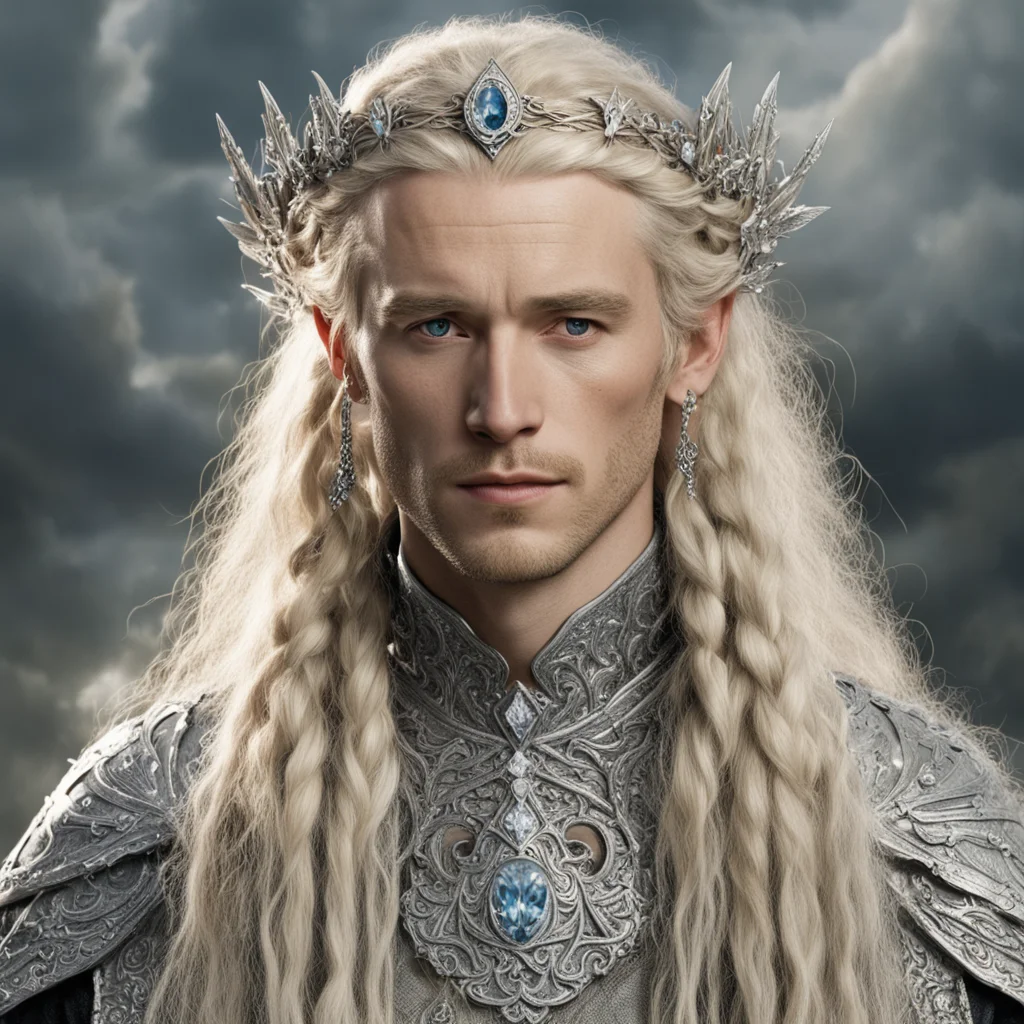 aitolkien king amdir with blond hair with braids wearing silver flower elvish circlet encrusted with diamonds with large center diamond  confident engaging wow artstation art 3