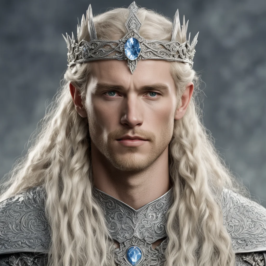 aitolkien king amdir with blond hair with braids wearing silver flower elvish circlet encrusted with diamonds with large center diamond  good looking trending fantastic 1