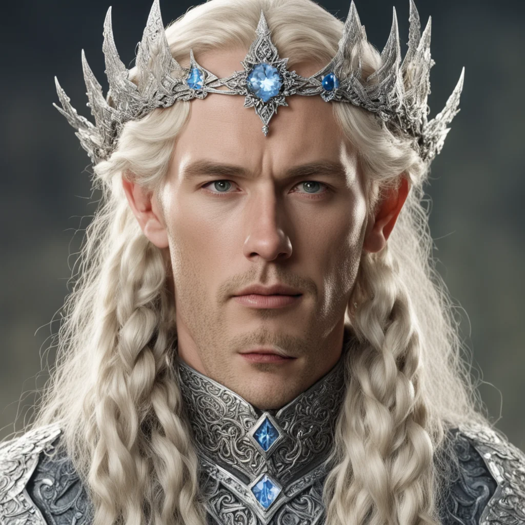 aitolkien king amdir with blond hair with braids wearing silver flower elvish circlet encrusted with diamonds with large center diamond 