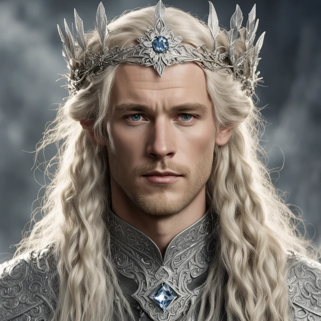aitolkien king amdir with blond hair with braids wearing silver flower elvish circlet encrusted with diamonds with large center diamond amazing awesome portrait 2