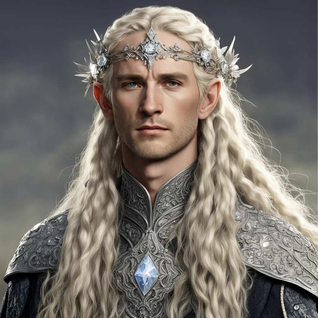 aitolkien king amdir with blond hair with braids wearing silver flower elvish circlet encrusted with diamonds with large center diamond confident engaging wow artstation art 3