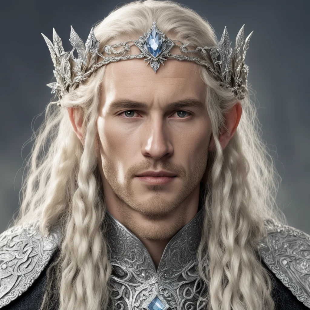aitolkien king amdir with blond hair with braids wearing silver flower elvish circlet encrusted with diamonds with large center diamond good looking trending fantastic 1