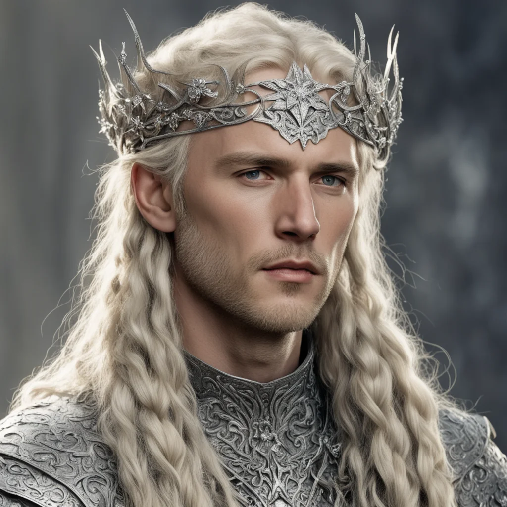 aitolkien king amdir with blond hair with braids wearing silver flower elvish circlet encrusted with diamonds with large center diamond