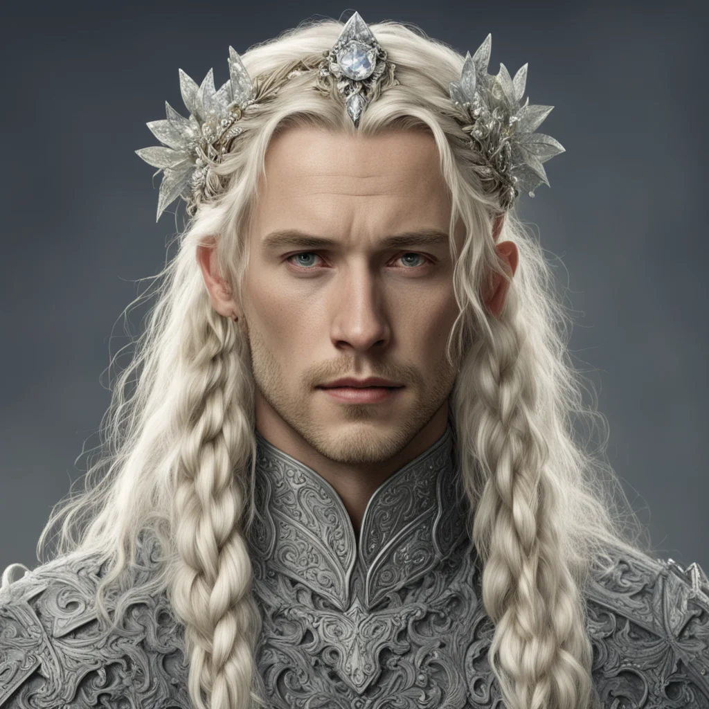 aitolkien king amdir with blond hair with braids wearing silver flower elvish circlet encrusted with diamonds