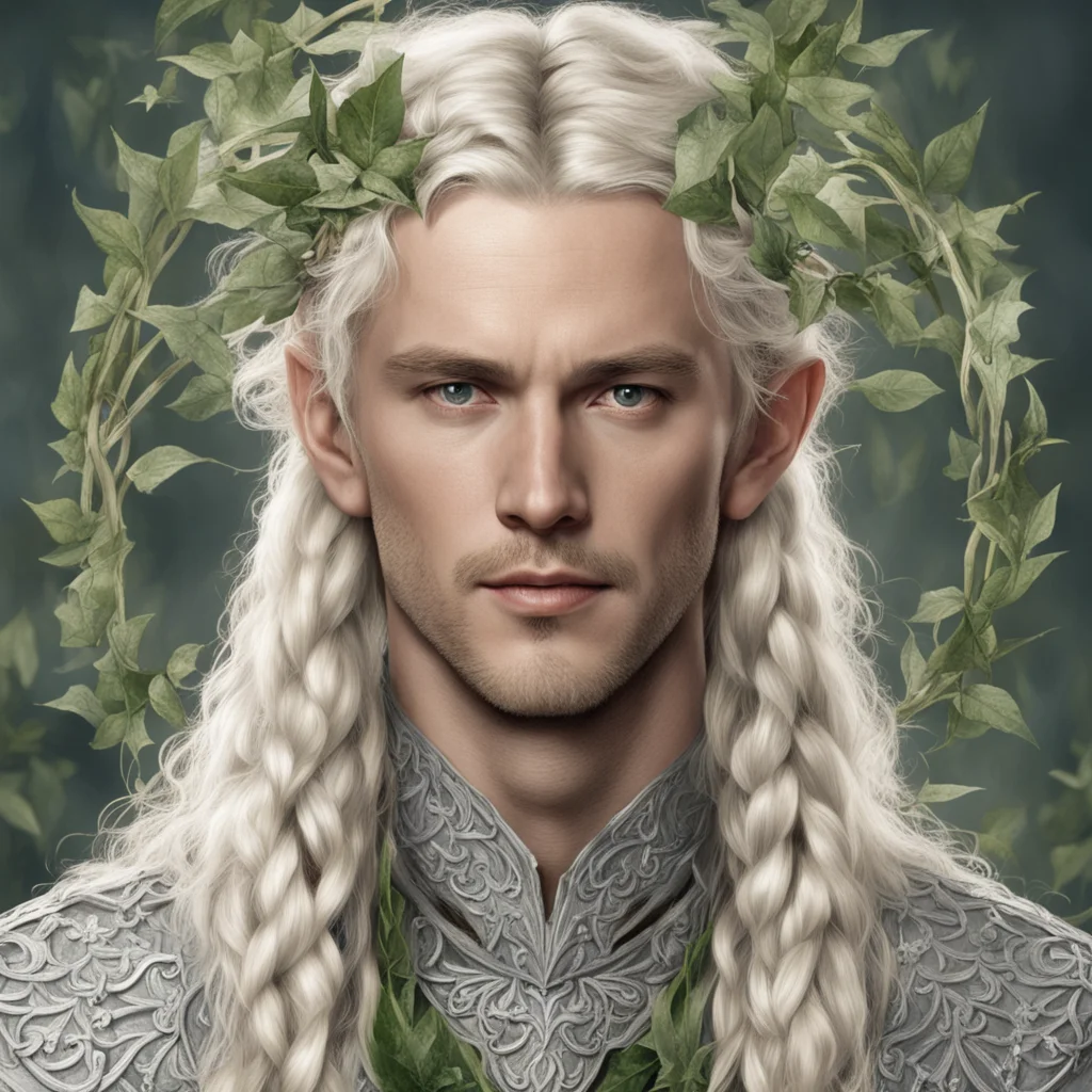 aitolkien king amdir with blond hair with braids wearing silver ivy leaves intertwined elven circlet with diamonds confident engaging wow artstation art 3