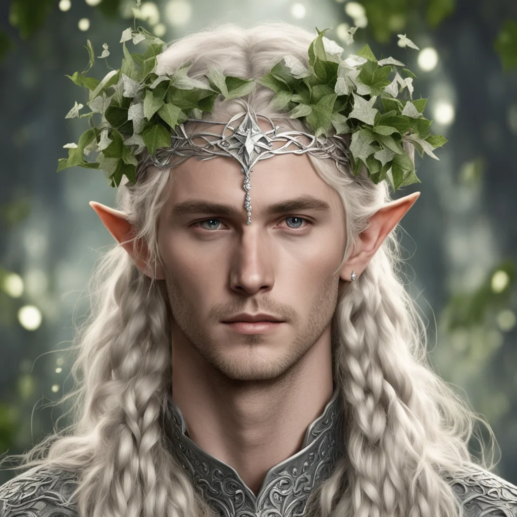 aitolkien king amdir with blond hair with braids wearing silver ivy leaves intertwined elven circlet with diamonds
