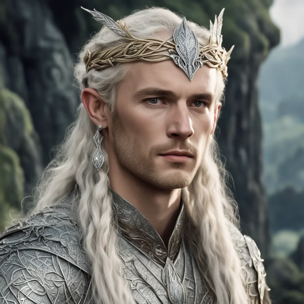 aitolkien king amdir with blond hair with braids wearing silver leaf elven circlet with diamonds with elven hair pins with diamonds confident engaging wow artstation art 3