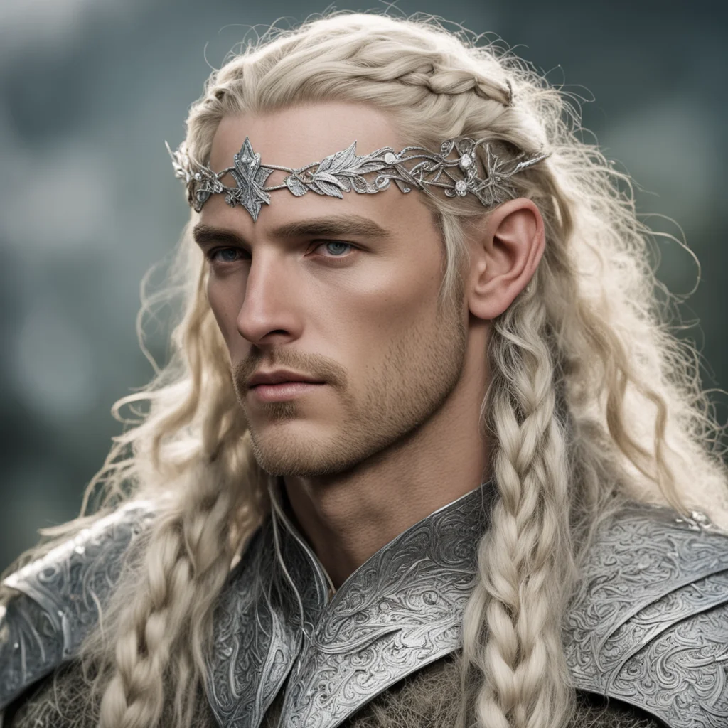 aitolkien king amdir with blond hair with braids wearing silver leaf elven circlet with diamonds with elven hair pins with diamonds good looking trending fantastic 1