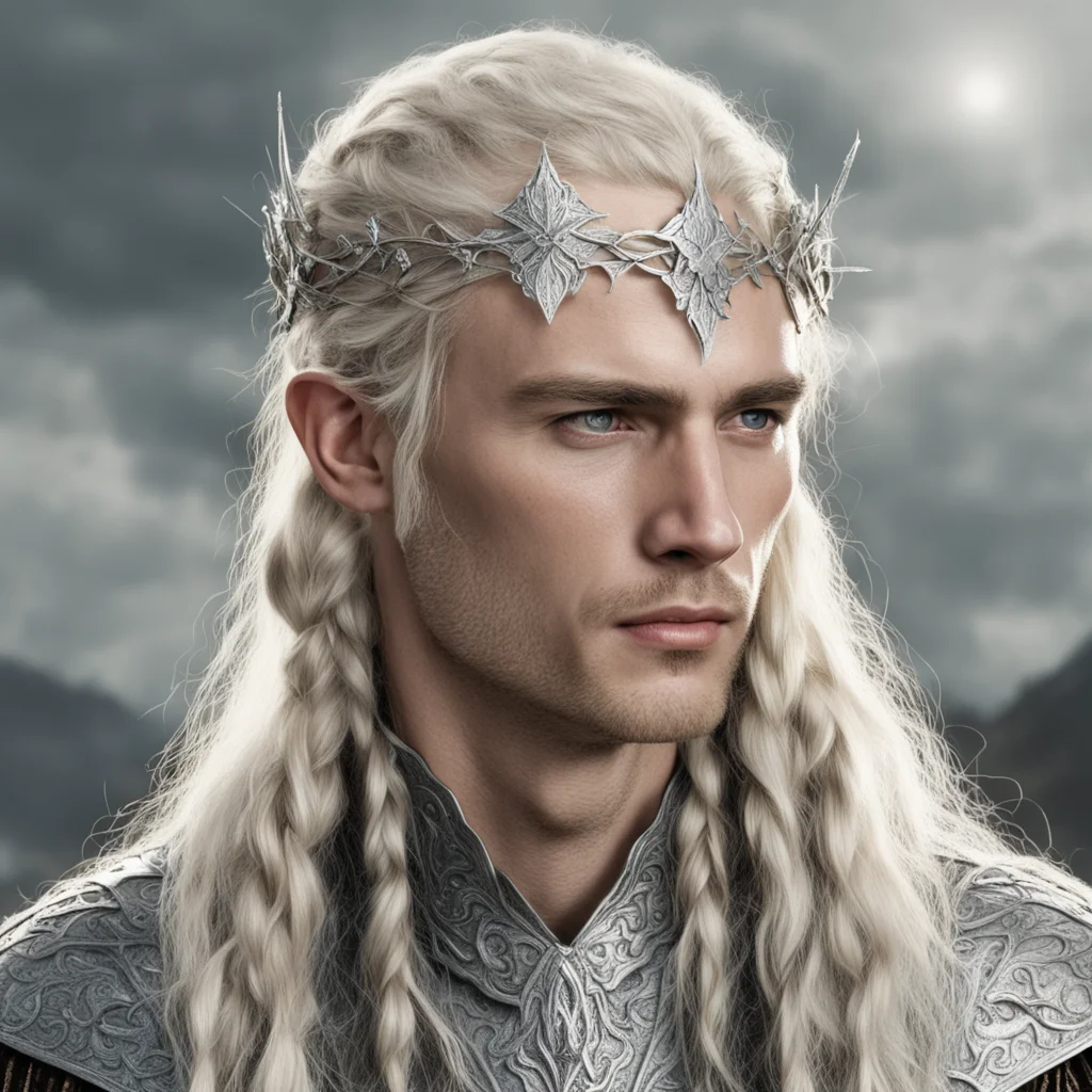 aitolkien king amdir with blond hair with braids wearing silver leaf elven circlet with diamonds with elven hair pins with diamonds